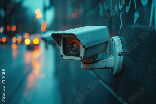 Urban surveillance camera watching over rainy city street Generative AI image