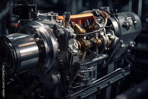 A close-up view of a supercharger in an industrial setting, with intricate mechanical parts and a backdrop of steel structures and machinery photo