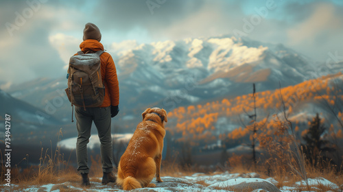 Traveler and dog in high mountain nature