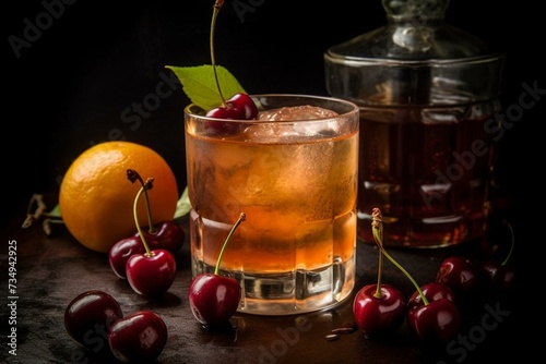A cocktail made with cherry and lemon-infused whiskey sour. Generative AI