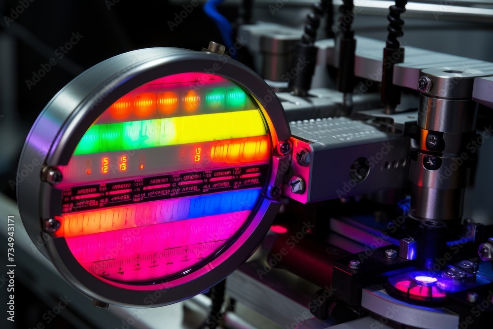 A Close-up View of a Color Calibration Tool in an Industrial Setting, Surrounded by Metallic Machinery and Illuminated by Overhead Fluorescent Lights