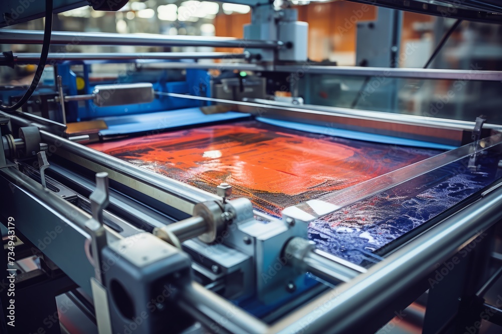 A Detailed View of a Screen Printing Frame in an Industrial Setting, Highlighting the Intricate Mesh and Squeegee Against a Backdrop of Machinery