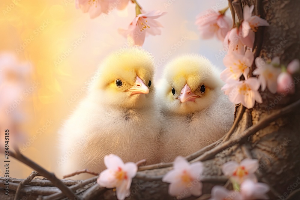 baby bird in the nest. cute chicks are sitting on a flowering branch. spring card