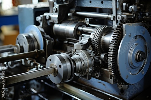 Close-up view of a complex paper feed mechanism in an industrial printing press, set against a backdrop of steel and machinery
