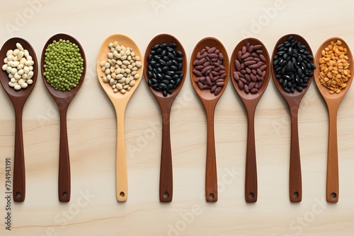 Organic elements Wooden spoons hold collection of beans and sesame