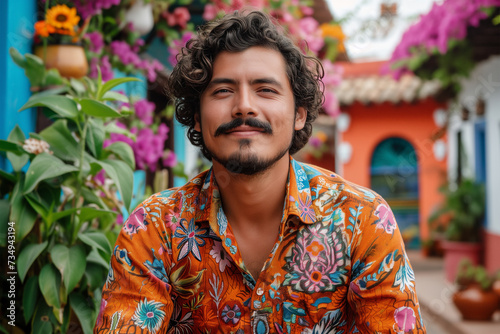 Man Smiling in Colorful Setting with Floral Ambiance Generative AI image