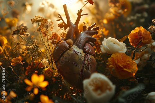 Generative AI illustration of anatomical human heart model nestled among a vibrant assortment of blooming flowers, illuminated by a warm, golden light