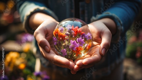 Holding a Floral Sphere in Sunlit Garden Generative AI image