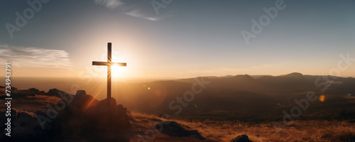 Christian cross banner of a wooden cross on hilltop with copy space