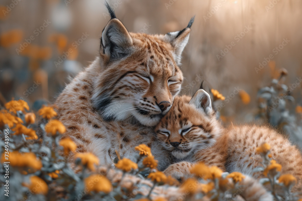 Tender moment between lynx mother and cub in nature Generative AI image Tender moment between lynx mother and cub in nature Generative AI image