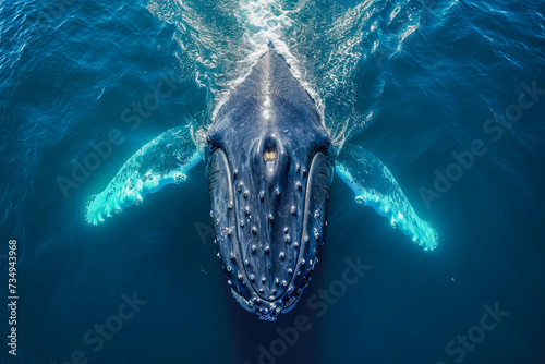 Majestic humpback whale swimming in deep blue ocean Generative AI image