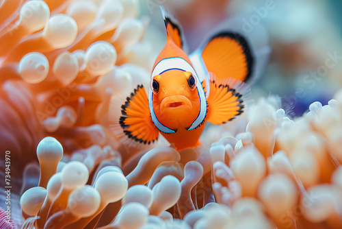 Vibrant clownfish nestled in a sea anemone's embrace Generative AI image photo
