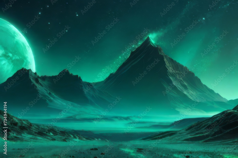 Dark mountains, Shimmering emerald dust, alien night landscape, a monochromatic teal palette. surreal ambiance. Dark mountains, Shimmering emerald dust, alien night landscape, a monochromatic teal palette. surreal ambiance.