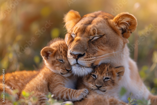 Tender moment between lioness and cubs at sunset Generative AI image photo