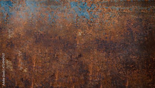 Old rusty brown scratch blue dark panoramic panel. Abstract background with metal dark rusty bronze metallic backdrop. Texture with damaged spots. Luxury warm, corrosion oxidized rusty aged metal