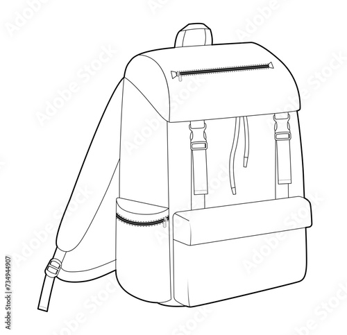 Outdoors backpack silhouette bag. Fashion accessory technical illustration. Vector schoolbag 3-4 view for Men, women, unisex style, flat handbag CAD mockup sketch outline isolated