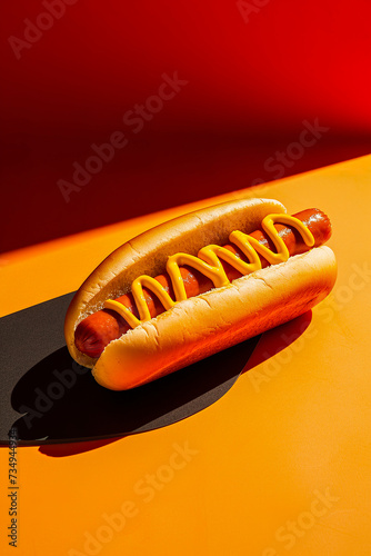 Classic hot dog with mustard on a vibrant background Generative AI image photo