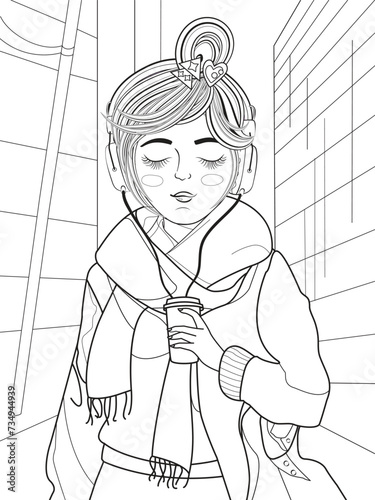 Black and white illustration of a teenage girl listening to music on headphones with her eyes closed in vector