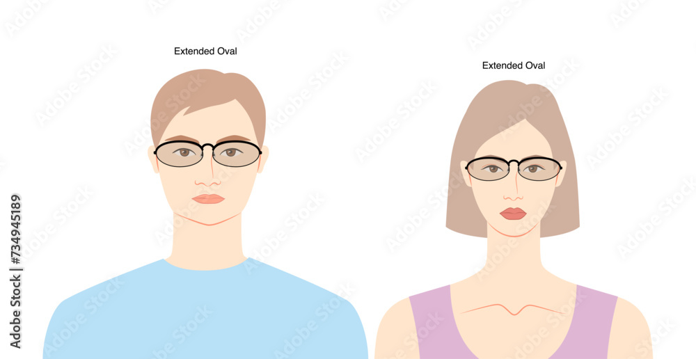 Extended Oval frame glasses on women and men flat character fashion accessory illustration. Sunglass front view unisex silhouette style, rim spectacles eyeglasses, lens sketch style outline on white Extended Oval frame glasses on women and men flat character fashion accessory illustration. Sunglass front view unisex silhouette style, rim spectacles eyeglasses, lens sketch style outline on white