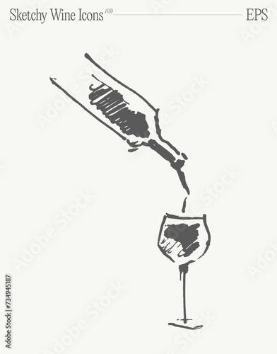 Wine pouring from a bottle into a glass. Hand drawn vector illustration. Isolated sketch.
