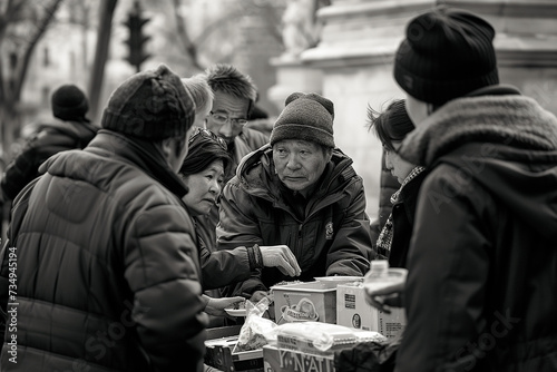 A group of elderly homeless Asian people discuss goods at a street market. Ideal for articles about social interaction in a community. Homelessness  houselessness concept