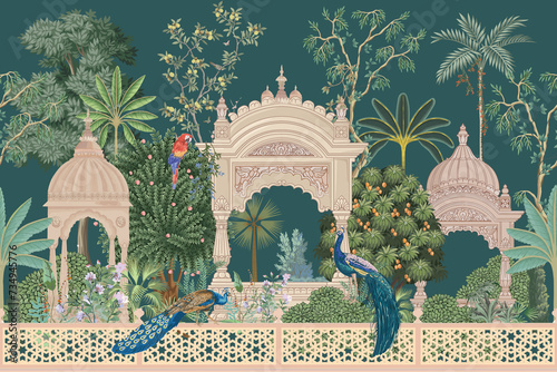 Mughal garden with peacock, parrot, plant and botanical tree landscape illustration pattern photo