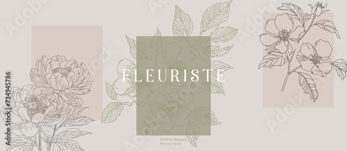 Floral header with peonies, wild rose, rose hip flowers