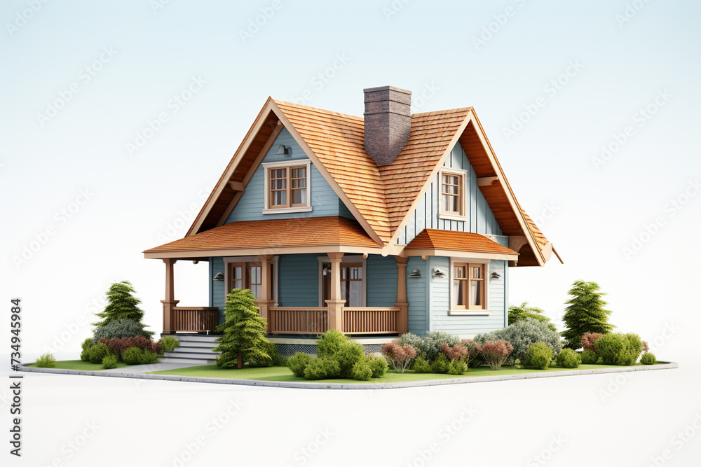 3D model of a house on a white background. 3D rendering