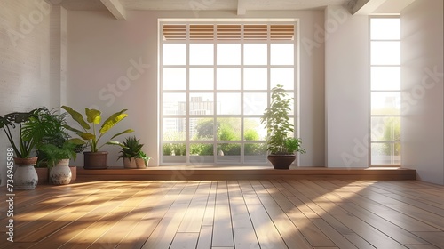 Empty room of modern contemporary loft with plants on wooden floor. Generative AI © Lucky Ai