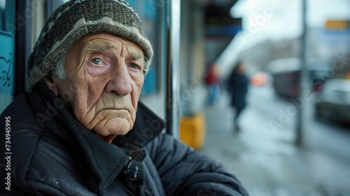 An older man sits at a bus stop waiting for a ride that may never come.