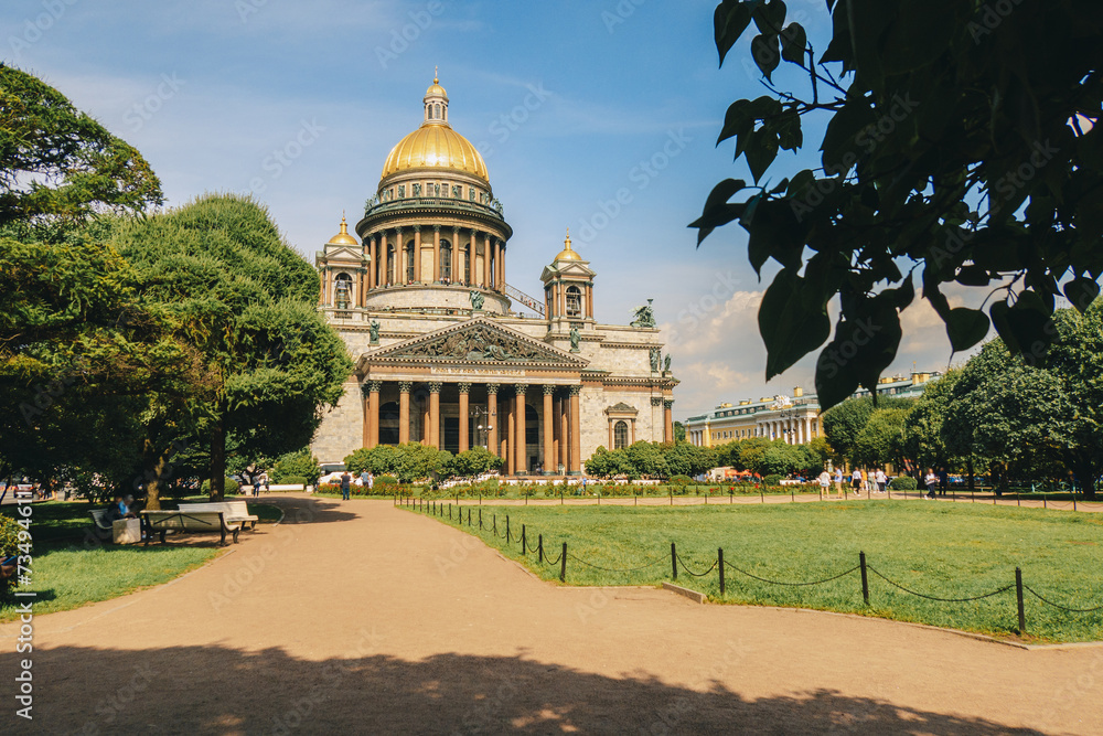 Panoramic view on Saint Isaac's Cathedral. Isaakievskiy Sobor with green lawn in summer, St. Petersburg, Russia. High quality photo