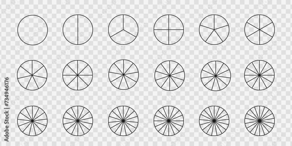 Simple donut or pie chart templates. Circles divides into equal parts from 1 to 18. Round shapes cut in slices. Set of graphic wheel diagrams with sectors. Vector outline illustration. - obrazy, fototapety, plakaty 