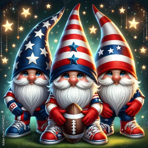 Three animated patriotic gnomes holding an American football, against a magical starry night sky background. photo