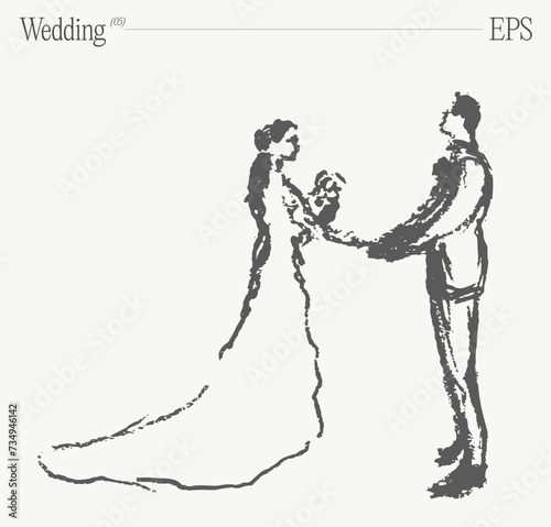 Bride and groom at the wedding ceremony. Hand drawn vector illustration, sketch.