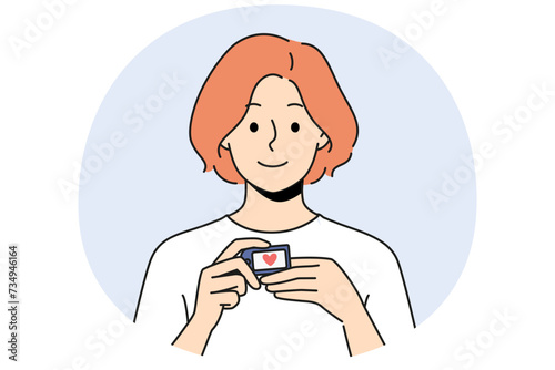 Smiling woman using pulse oximeter checking oxygen saturation. Happy female patient with medical equipment measure blood and pulse rate. Healthcare. Vector illustration.