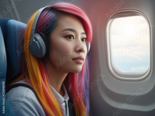 Young asian hipster female tourist with headphones traveling on a plane by the window © Komuso & Colorsandia
