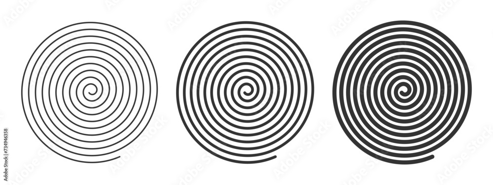 Spiral icons with lines of different thicknesses. Optical illusion effect. Hypnotic psychedelic design. Whirlpool, vertigo, tornado, pinwheel symbols. Archimedean spiral. Vector graphic illustration.