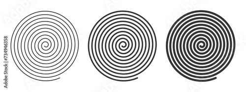 Spiral icons with lines of different thicknesses. Optical illusion effect. Hypnotic psychedelic design. Whirlpool, vertigo, tornado, pinwheel symbols. Archimedean spiral. Vector graphic illustration.