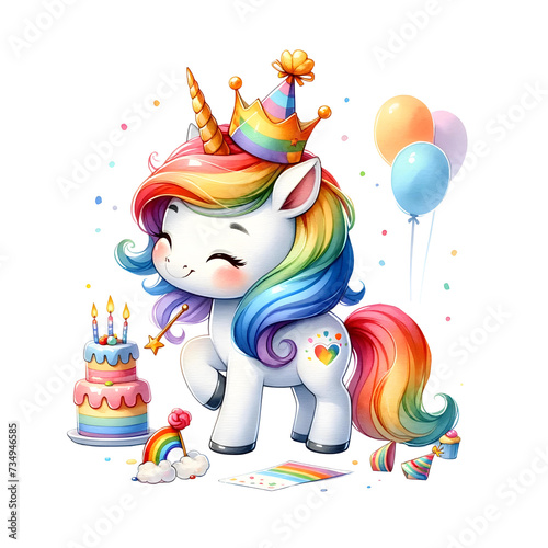 Rainbow Unicorn Birthday Party. Watercolor Illustration Clipart.
