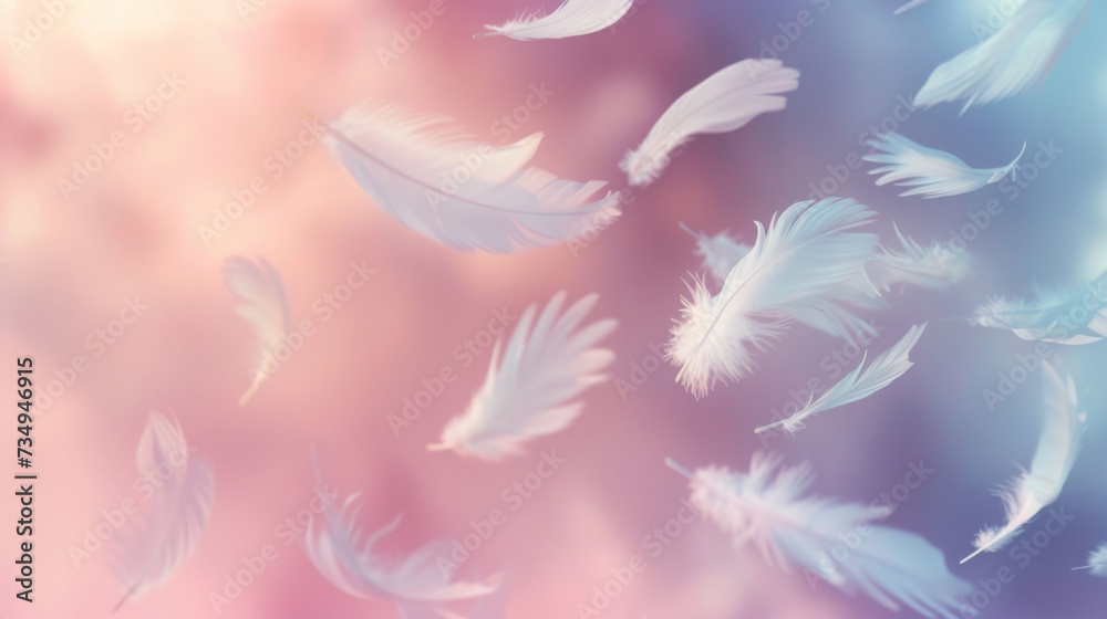 In a soft pastelhued sky a flurry of feathers slowly descends creating a sense of serenity and calmness.