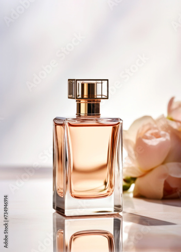 Perfume bottle and flowers on a white surface. Copy space. Mockup. Beauty and fashion concept.