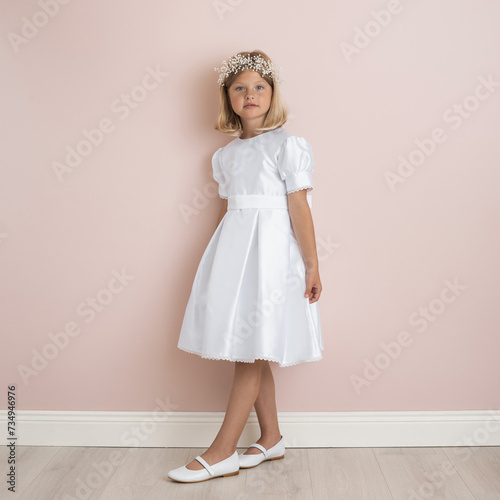 blonde girl 9 years old in a white festive dress on a pale pink background, dress for a wedding, first communion, birthday, celebration