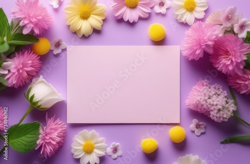 On a light lilac background, framed spring flowers in delicate shades with bright accents. Advertising banner concept, invitation for Mother's Day, Valentine's Day, Wedding Day, Easter, Spring Day
