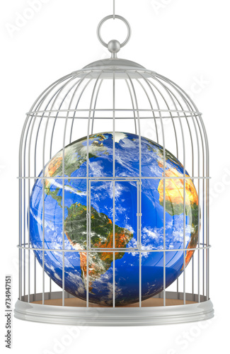 Fotografi Birdcage with Earth Globe inside, 3D rendering isolated on transparent backgroun