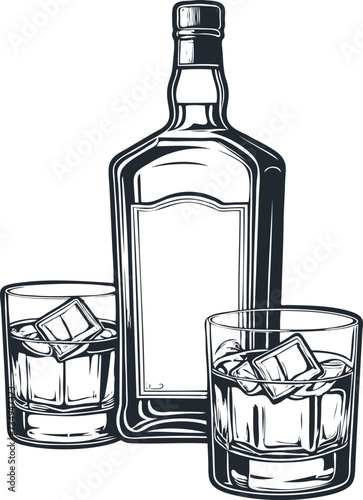Bottle of whiskey and two glasses with ice, vector illustration