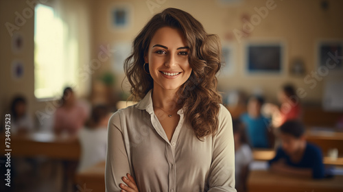 a elegant happy kind teacher standing in classroom, against the blurred backdrop