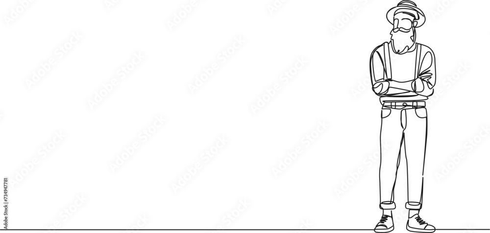 continuous single line drawing of older bearded hipster guy standing arms crossed over chest, line art vector illustration
