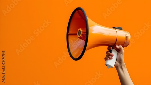 Hand holding megaphone, marketing and sales, orange background, Generative AI
