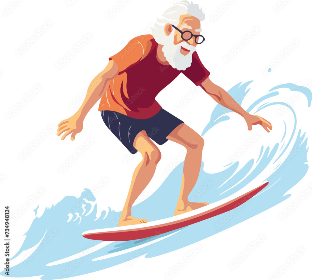 Vector flat style Illustration of an old man on surfboard, surfing waves, sporty retired retired old man, water sports, active lifestyle and body conscious fitness.