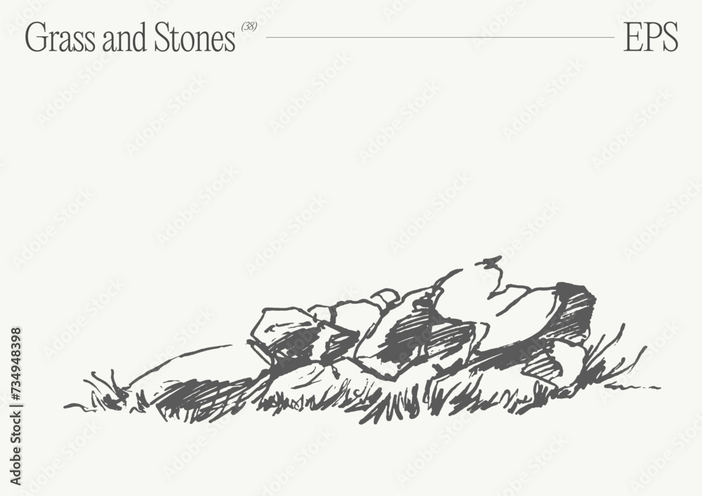 Fototapeta premium Hand drawn vector illustration of grass and rocks on blank backdrop. Isolated sketch.
